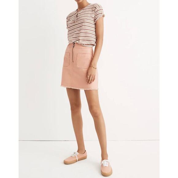 Madewell A Line Zip Up Skirt Mini Mid Rise Patch Pocket Fringe Hem Pink Size 8 - Picture 1 of 10